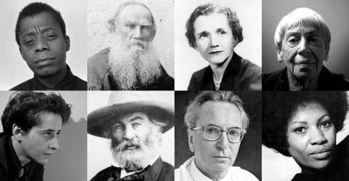 Grid of black and white photographs of James Baldwin, Leo Tolstoy, Rachel Carson, Ursula K. Le Guin, Hannah Arendt, Walt Whitman, Viktor Frankl, and Toni Morrison.
