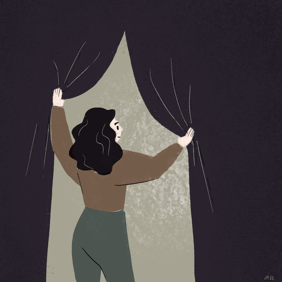 Illustration of woman parting heavy, dark curtains to let in some light