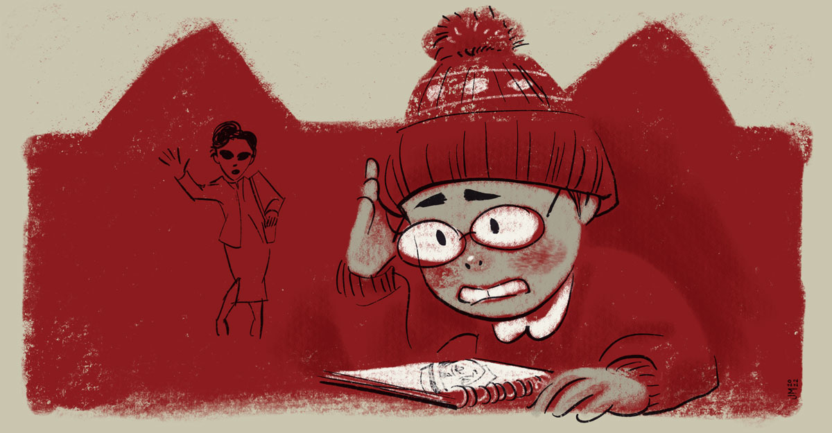 Illustration of Meilin Lee from Pixar's "Turning Red" stressing over a drawing in her journal with her grandmother in the background