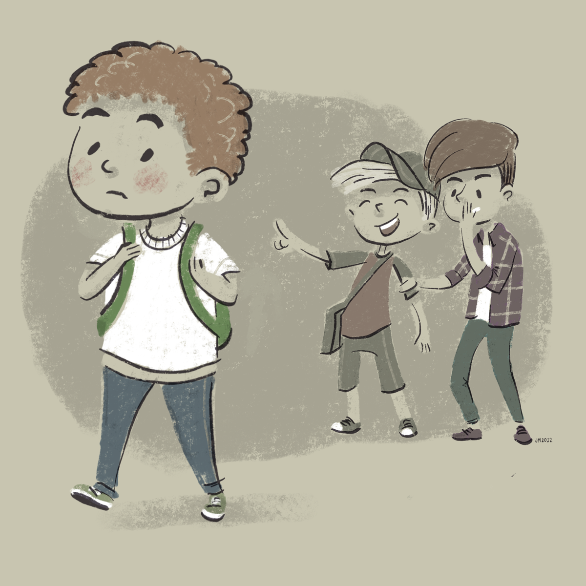 Illustration of two children laughing and pointing at another child