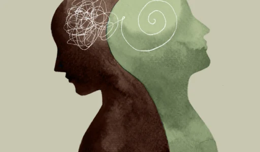 Illustration of messy, scribbled brain next to orderly, smooth brain to symbolize the benefits of transcranial magnetic stimulation treatment