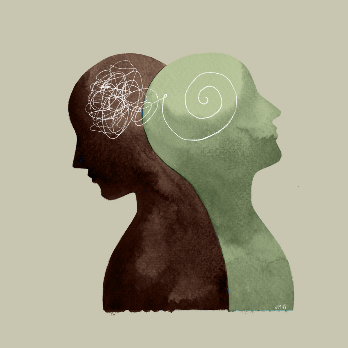 Illustration of messy, scribbled brain next to orderly, smooth brain to symbolize the benefits of transcranial magnetic stimulation treatment