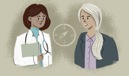 Illustration of psychiatrist and psychologist with a compass between them, symbolizing the direction to follow for a mental health career