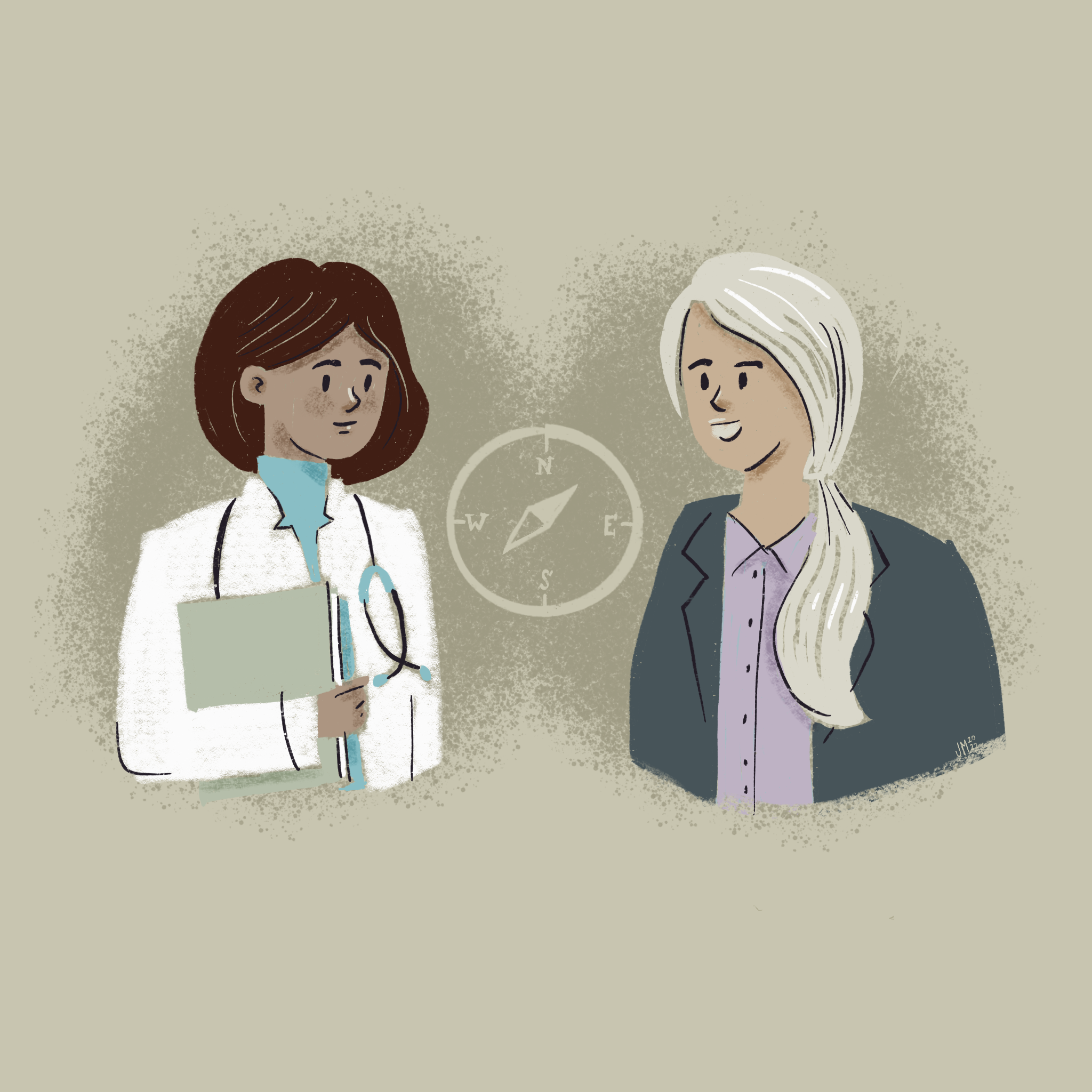 Illustration of psychiatrist and psychologist with a compass between them, symbolizing the direction to follow for a mental health career