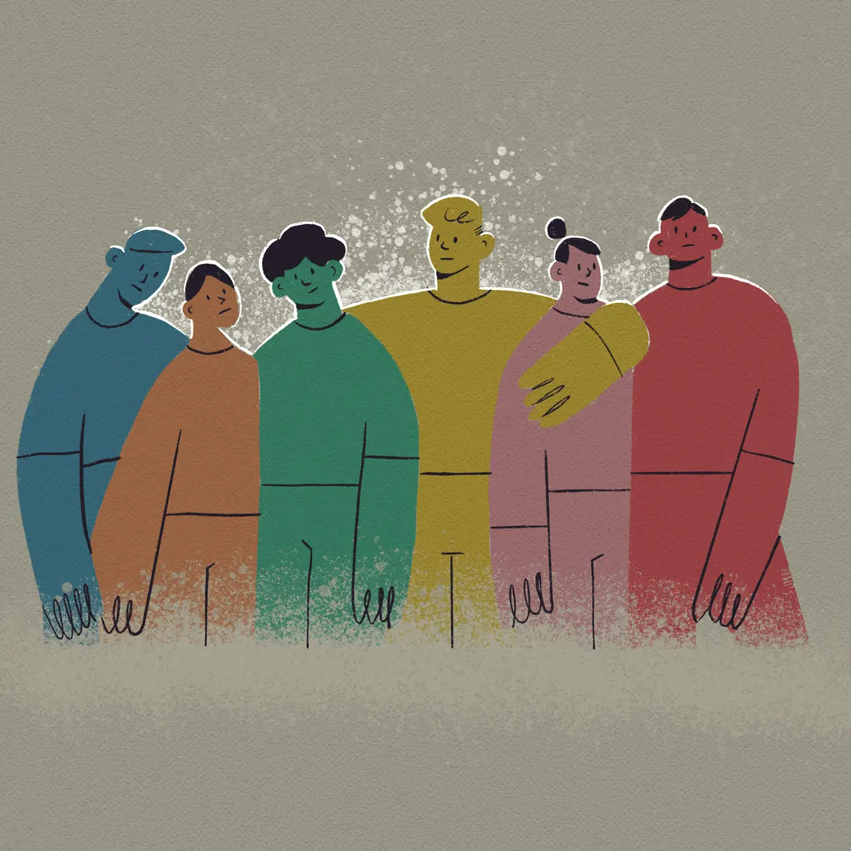 Illustration of a group of men supporting each other.