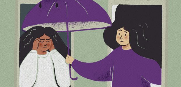 Illustration of woman getting help from a crisis hotline.