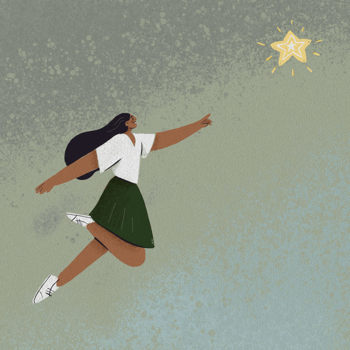 Illustration of woman reaching for a star, build motivation.