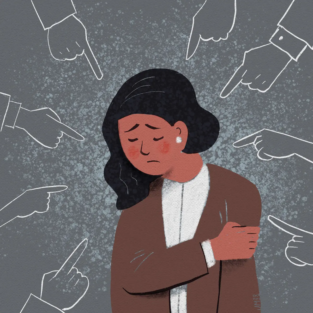 Illustration of fingers pointing at woman who feels ashamed