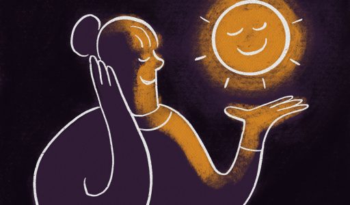 Illustration of feminine person receiving light therapy from a smiling sun