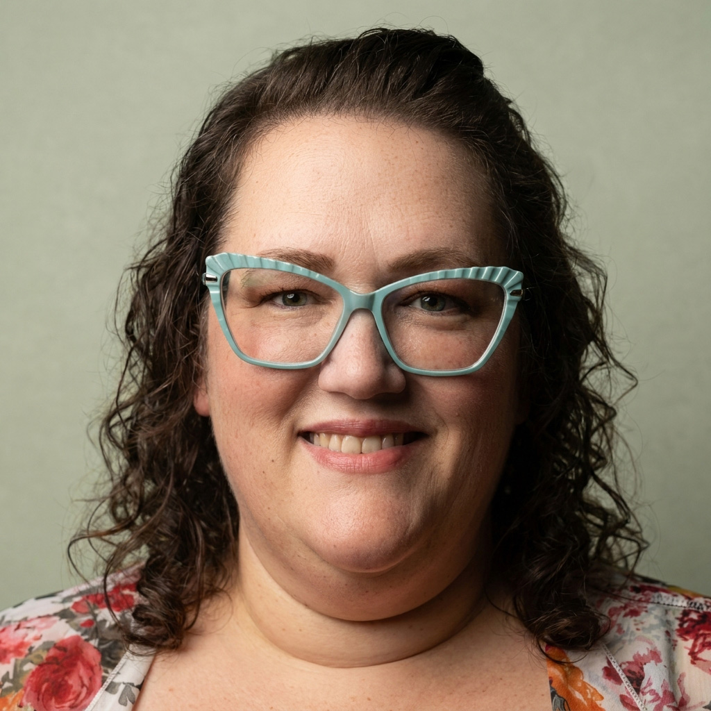 Close-up portrait of a smiling woman with teal glasses and a floral blouse, against a pale green background.