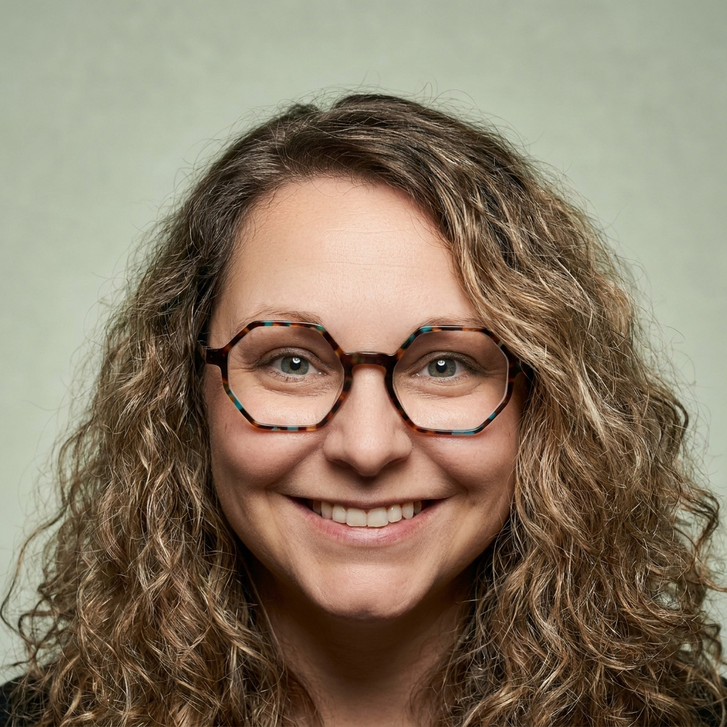 Smiling woman with curly brown hair and tortoiseshell glasses facing the camera.