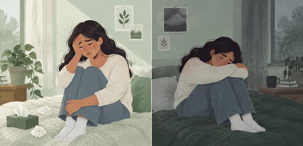 Split screen illustration. On the left, a woman is crying with tissues. On the right, the woman is hugging her knees to her chest in a darkened room.