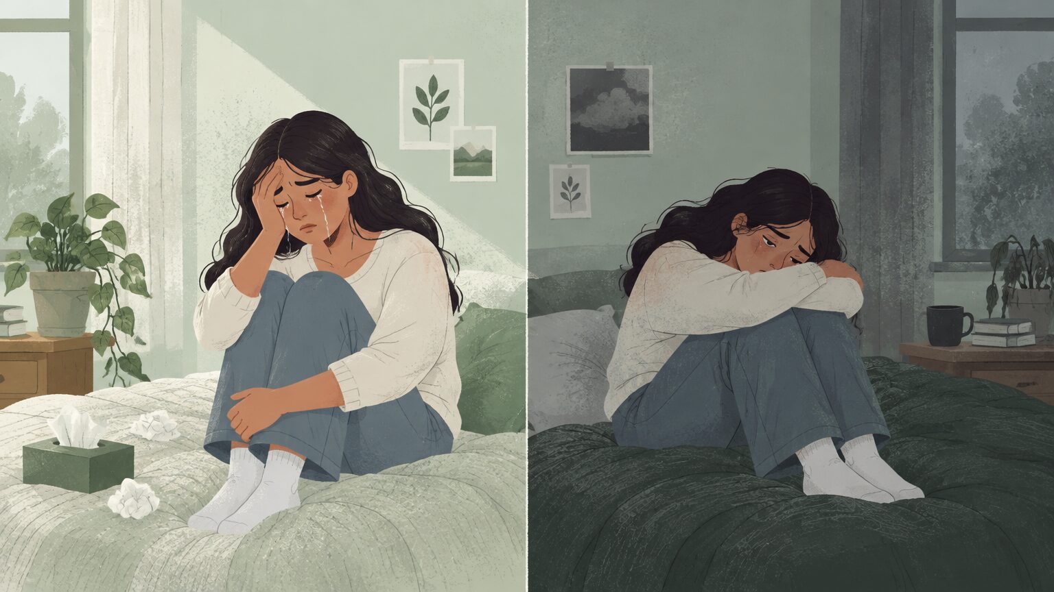 Split screen illustration. On the left, a woman is crying with tissues. On the right, the woman is hugging her knees to her chest in a darkened room.