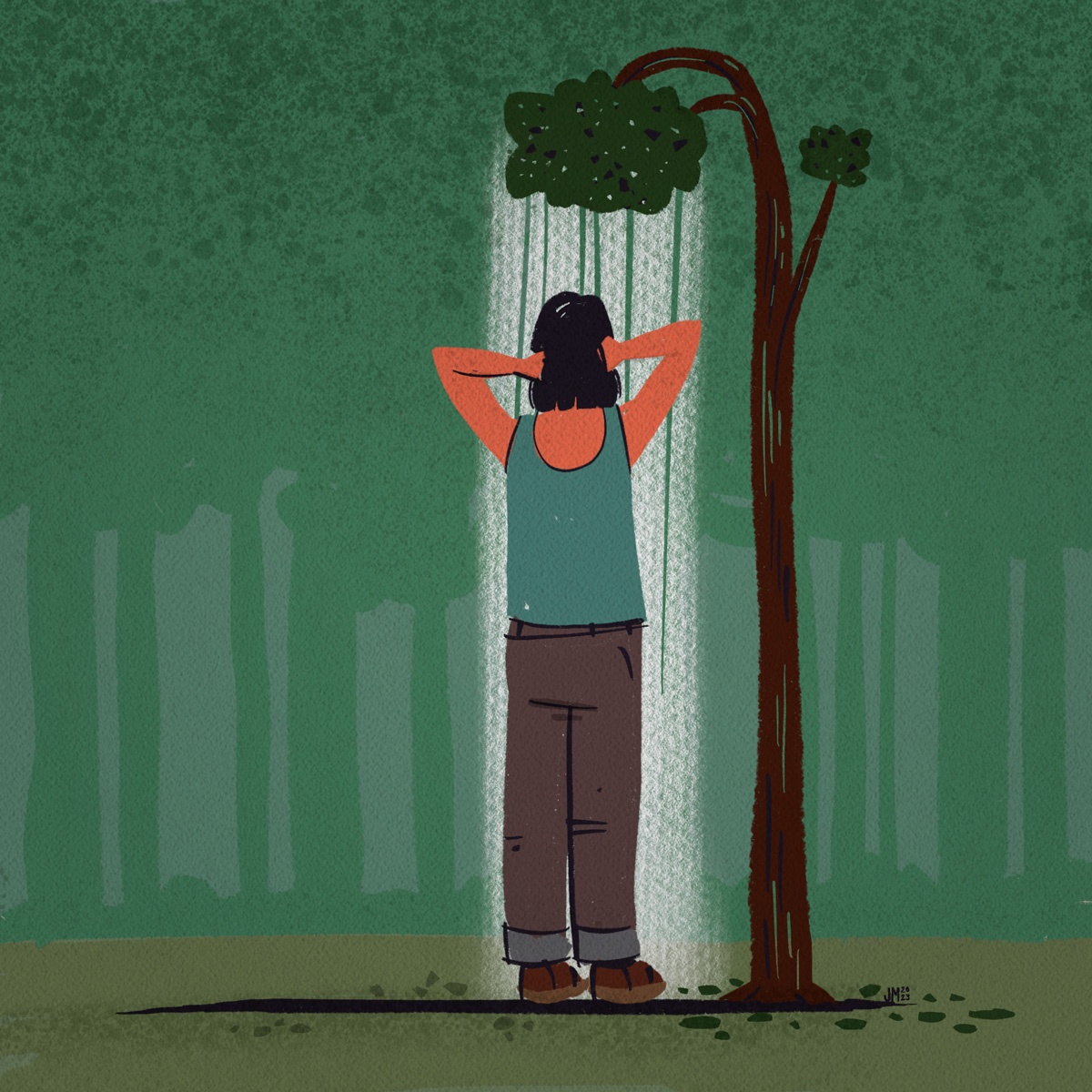 Illustration of person engaging in forest bathing