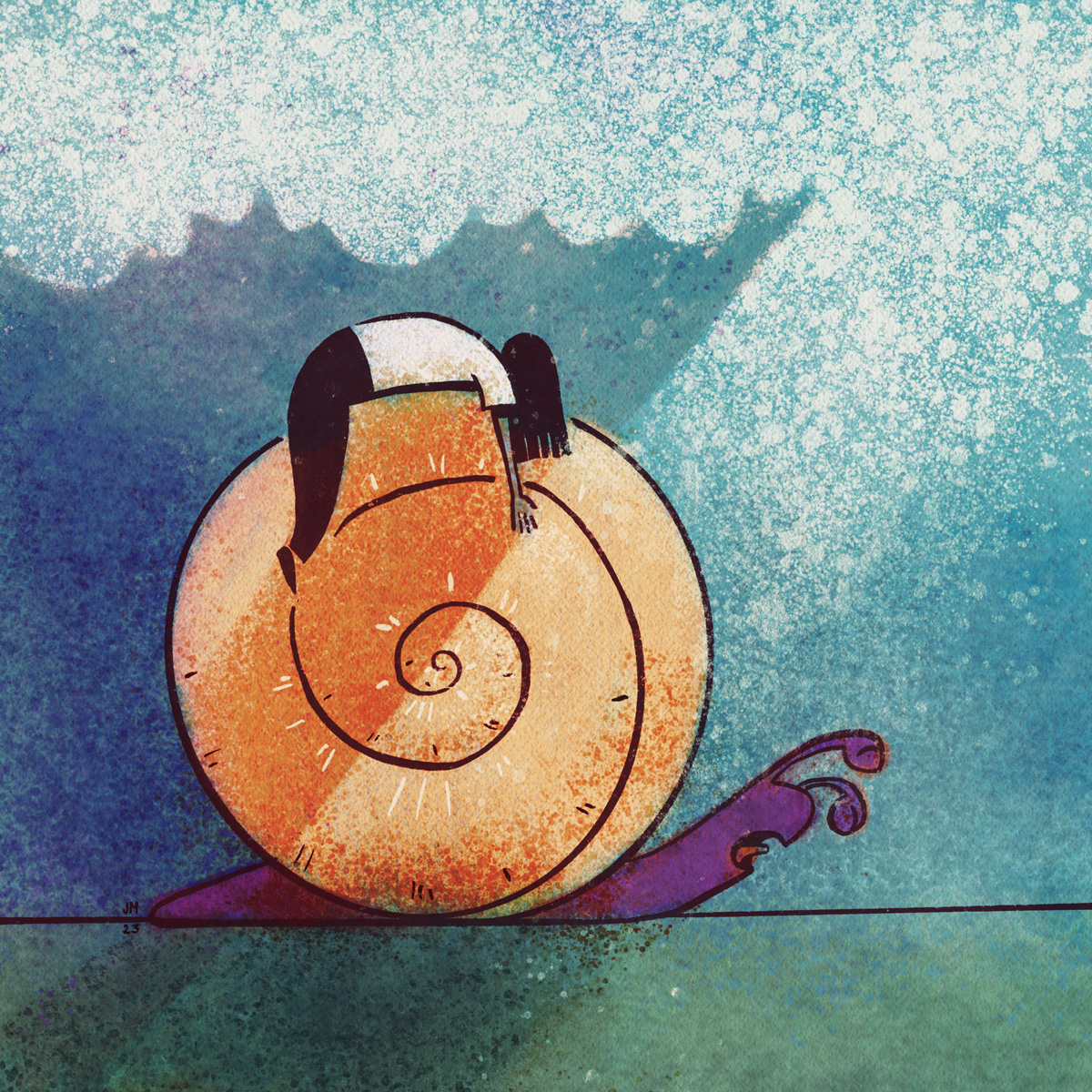 Illustration of psychomotor retardation depicted as a woman riding a snail