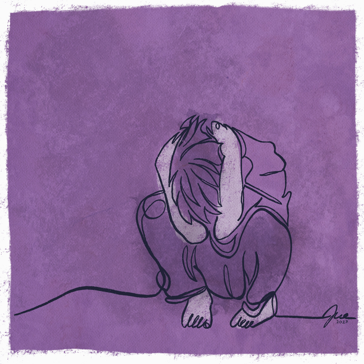 Illustration of trauma in children, child clutching head in emotional distress