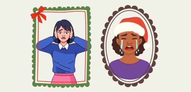 Graphic of two people who are upset or crying or stressed over the holidays.