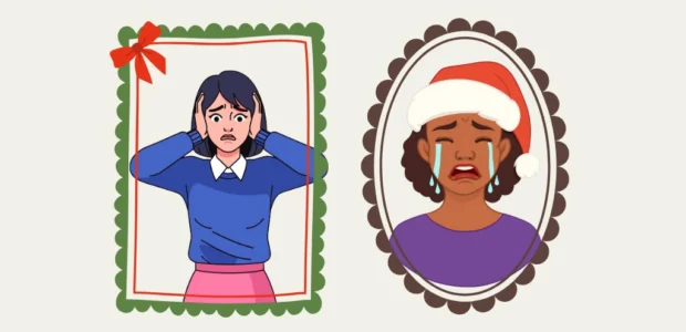 Graphic of two people who are upset or crying or stressed over the holidays.