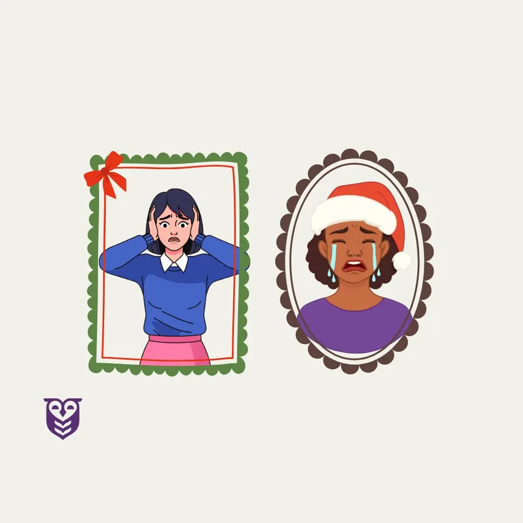 Graphic of two people who are upset or crying or stressed over the holidays.
