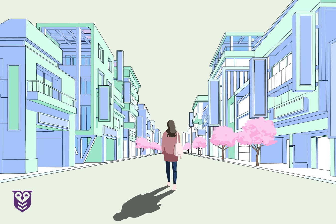 A lonely person walks along an empty city street.