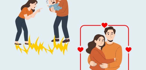 A couple is arguing and then the same couple is shown in a happier relationship after doing couples counseling.