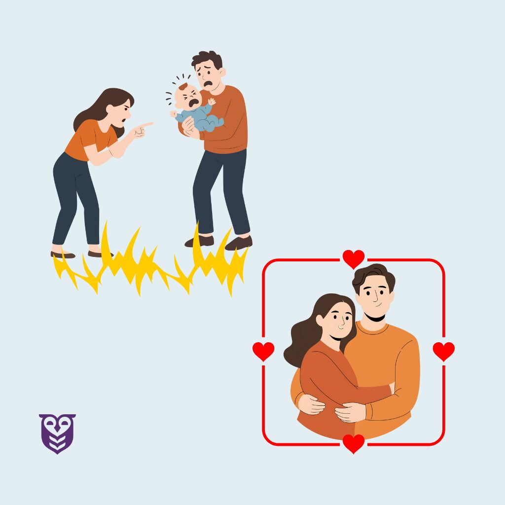 A couple arguing and then the same couple in a happier relationship after couples counseling.