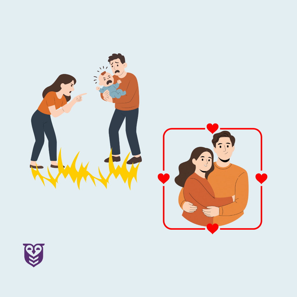 A couple is arguing and then the same couple is shown in a happier relationship after doing couples counseling.