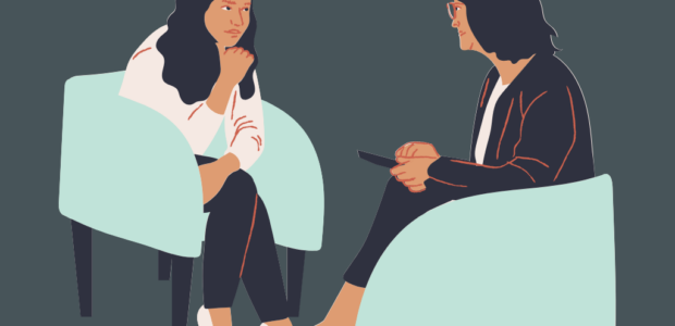 Person talking to bariatric psychological evaluator prior to having weight-loss surgery.