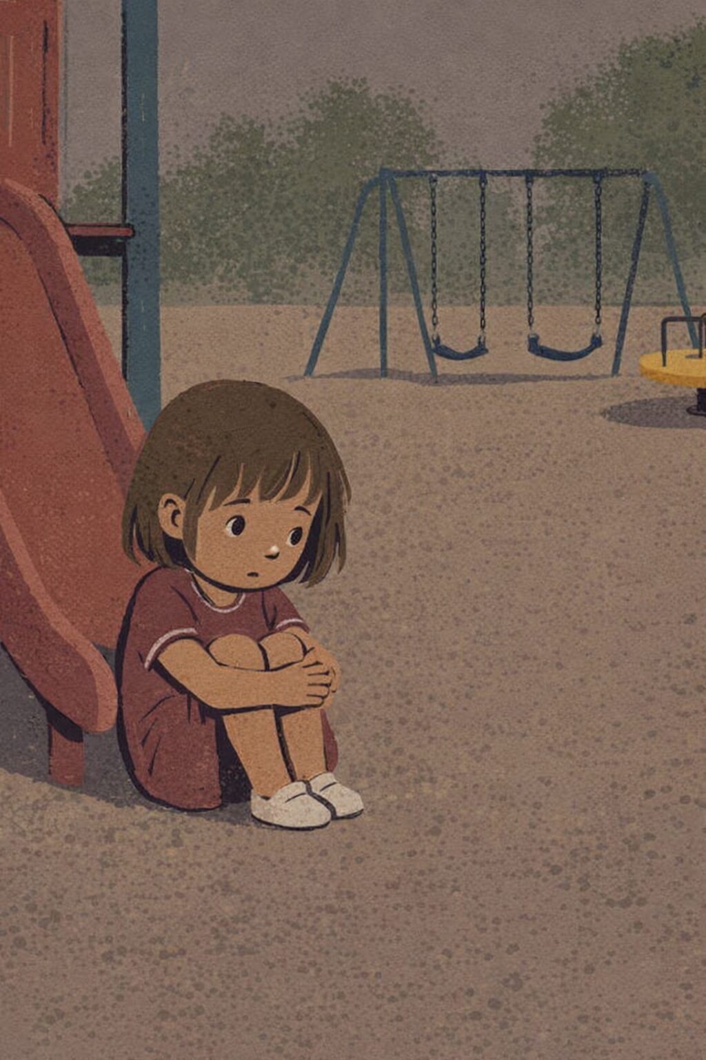 Girl looking sad and quiet and withdrawn on a playground by herself. 