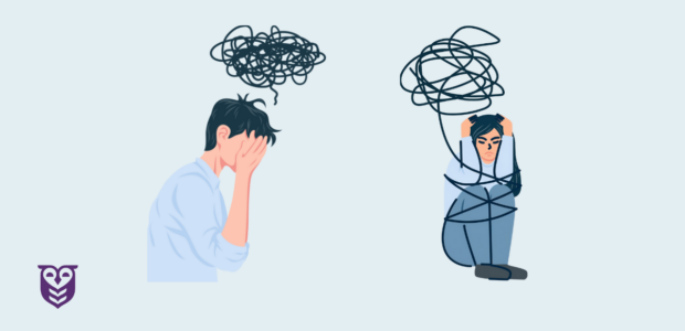 Man in distress with head in his hands and depressed and anxious. Woman tied up in knots from depression.