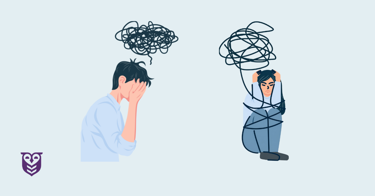 Man in distress with head in his hands and depressed and anxious. Woman tied up in knots from depression.