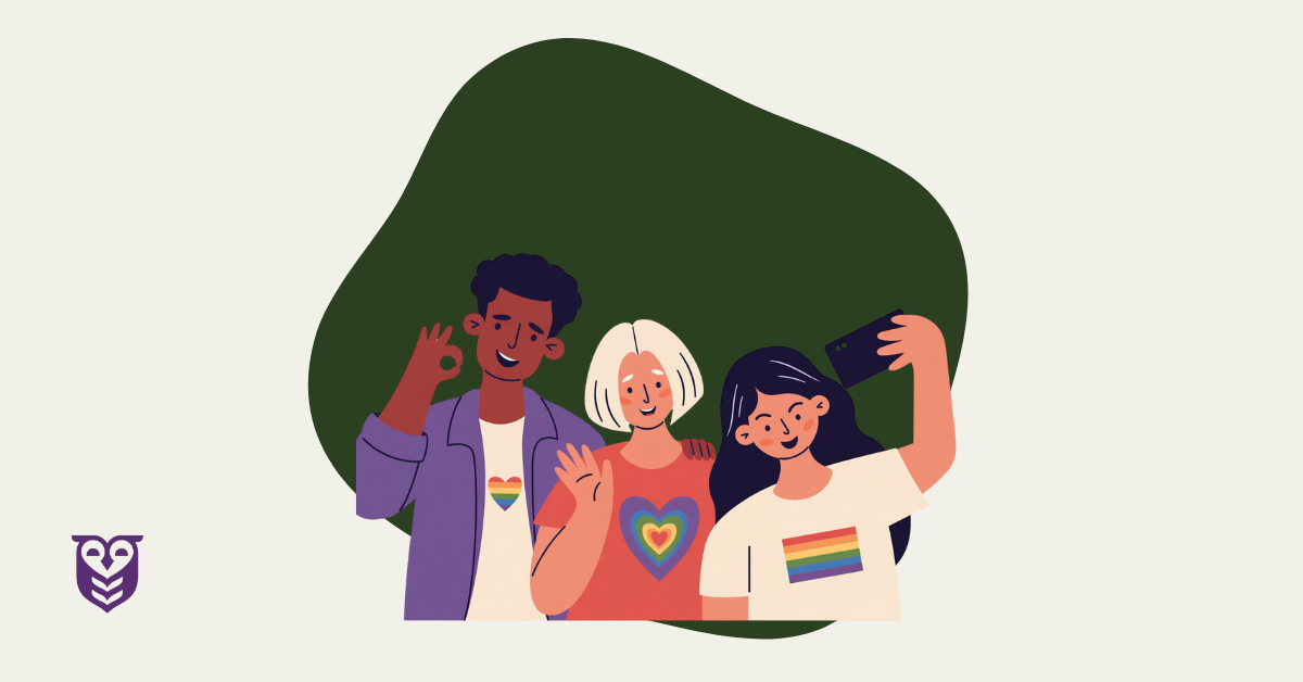 LGBTQ+ young people wearing pride flags and taking a picture