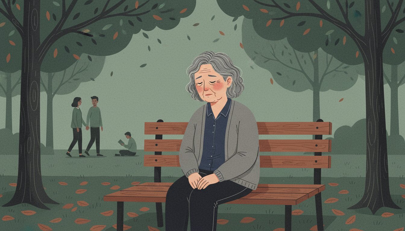 Older woman sits on park bench with a sad expression, autumn leaves around her in a muted park scene.