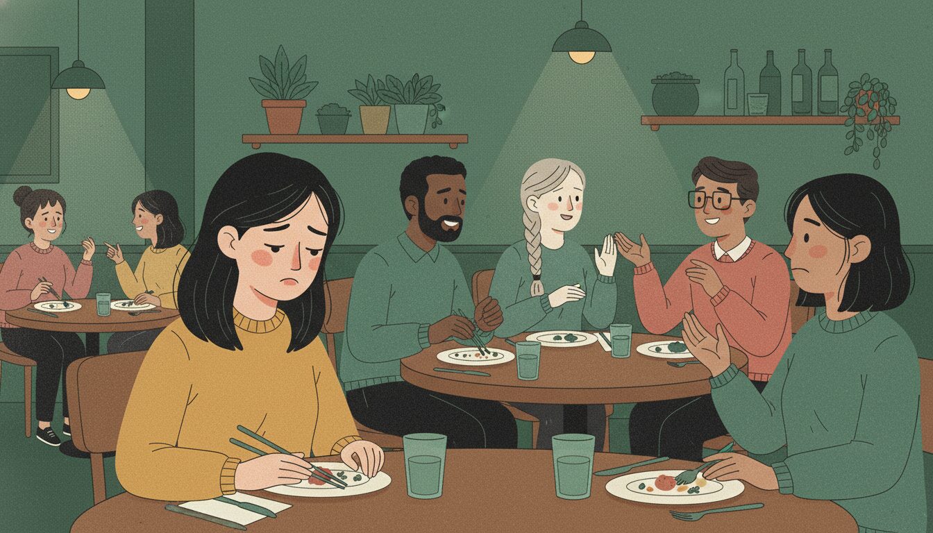 Group of diverse friends at a restaurant table; a woman in a yellow sweater looks sad while others chat and eat in the background.