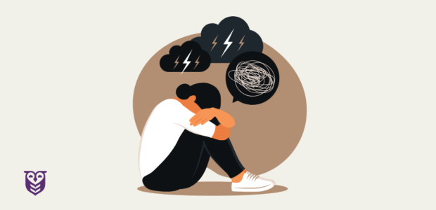 Person sitting on the ground, knees drawn up, with dark storm clouds and tangled scribbles above to represent anxiety or distress.