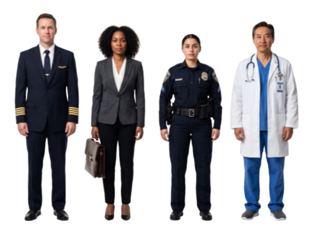 Four professionals standing side by side: pilot, businesswoman, police officer, and doctor.