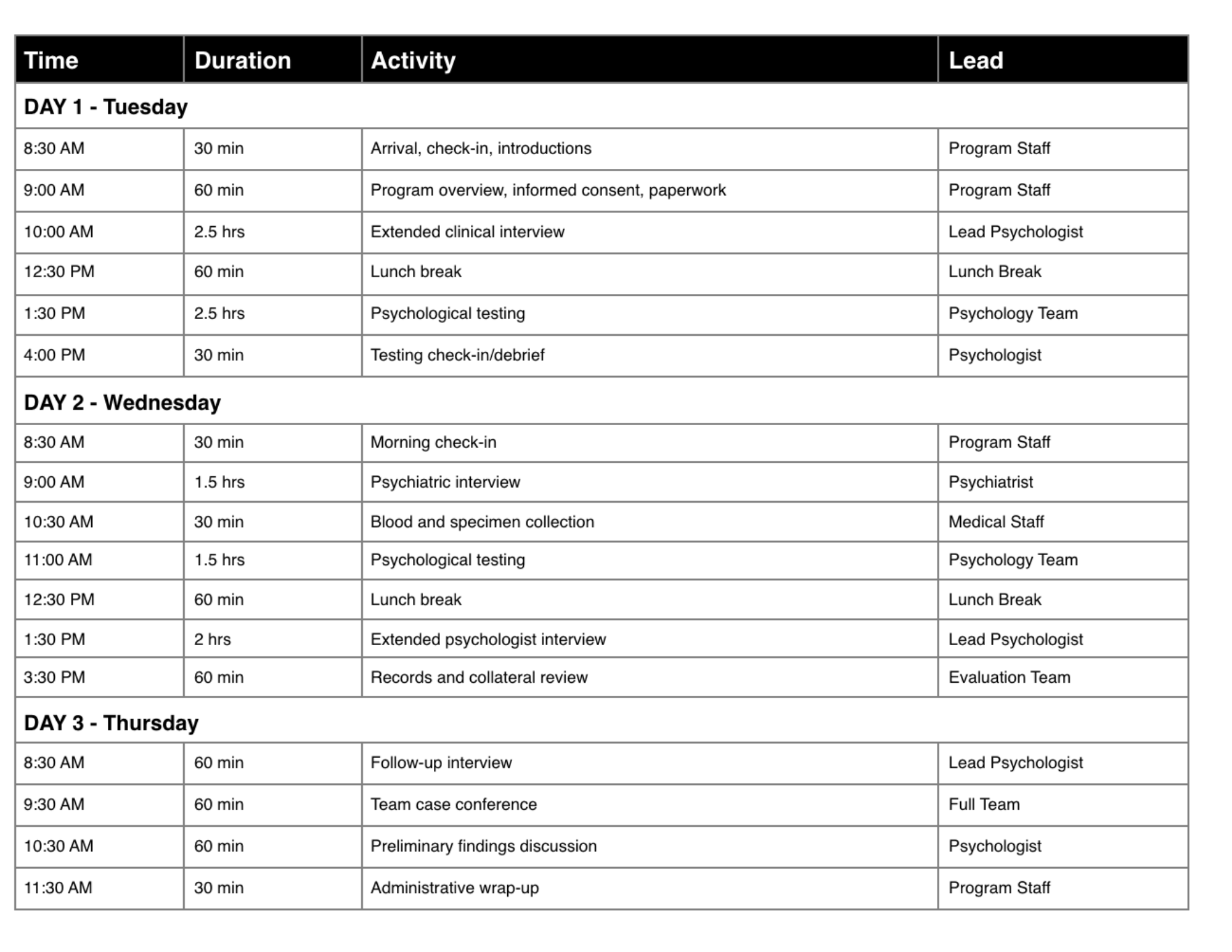 Three-day schedule with columns Time, Duration, Activity, Lead; Day 1 Tuesday details and Days 2–3 sections.