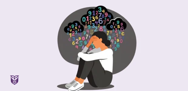 Person sits curled up with head in hands, colorful numbers swirling in a cloud above them, illustrating overwhelm with OCD.