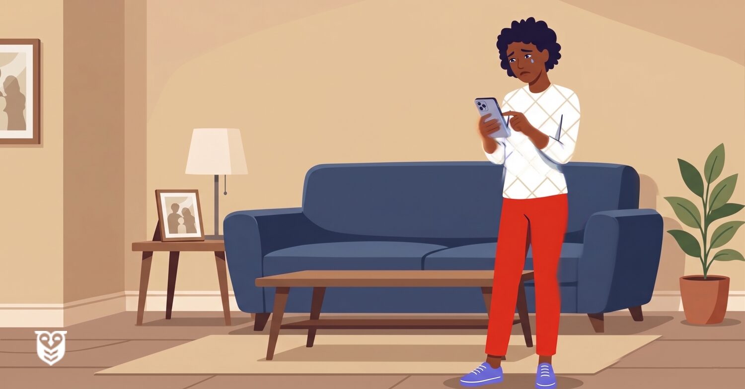 A woman in red pants stands looking at her phone and her friend isn't texting her back and she's sad. She's in a living room.