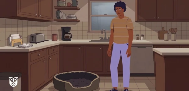 Person in a striped orange shirt and lavender pants stands in a kitchen beside a large empty dog bed, looking worried.
