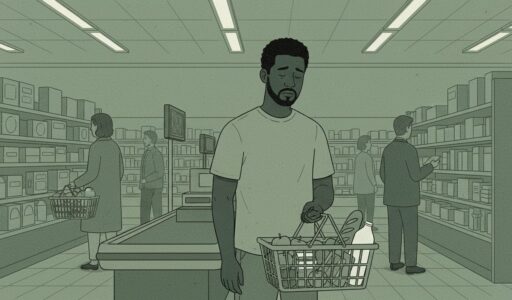 A man in a grocery store holds a basket of groceries and looks down, with shelves and shoppers in the background.