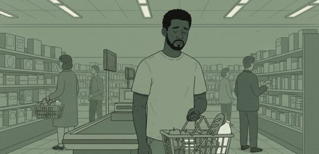 A man in a grocery store holds a basket of groceries and looks down, with shelves and shoppers in the background.