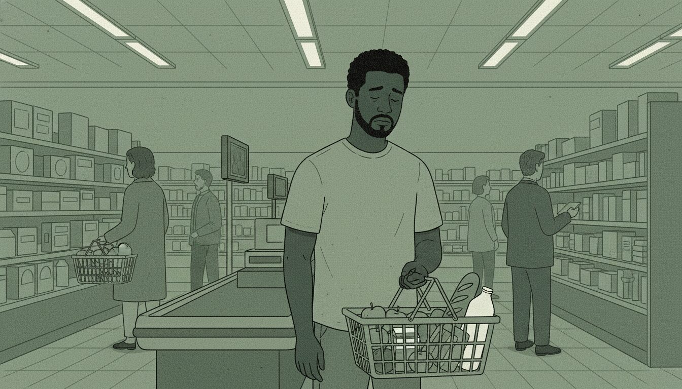 A man in a grocery store holds a basket of groceries and looks down, with shelves and shoppers in the background.