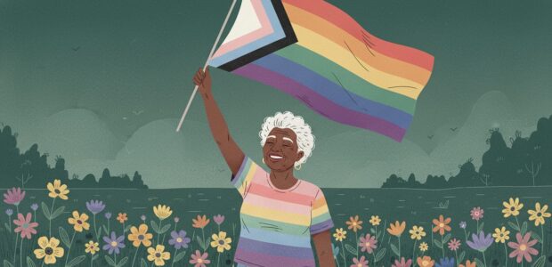 An older Black queer woman waves an LGBTQ+ flag and is smiling and happy.