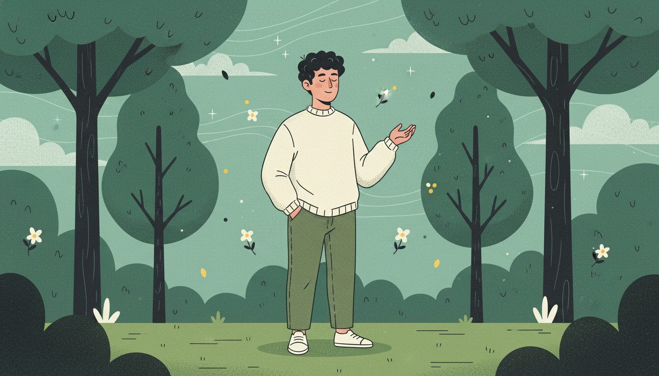 Young queer man in a park, smiling and surrounded by flowers. 