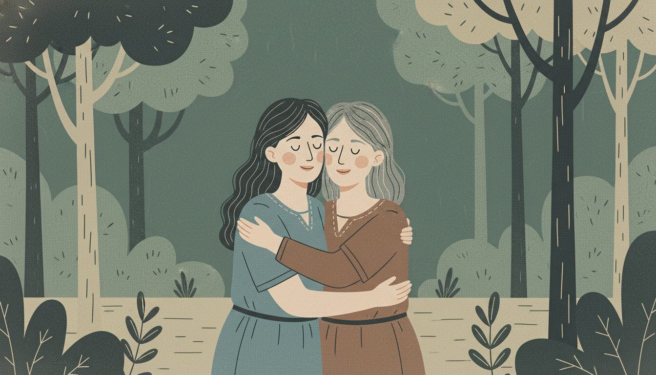 Two middle aged women embrace