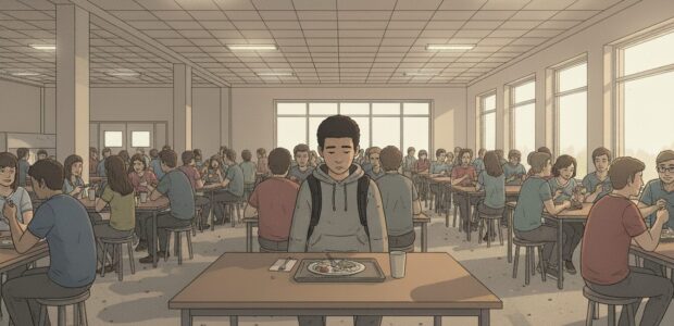 Young man sits alone in a school cafeteria