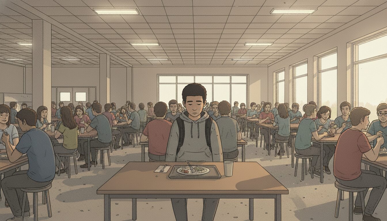 Young man sits alone in a school cafeteria