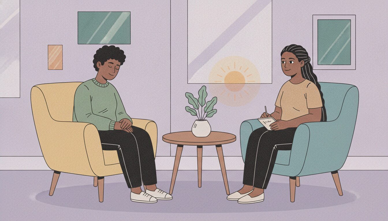 Two people sit in comfy armchairs across a small round table with a plant, talking in a calm room (therapy session).