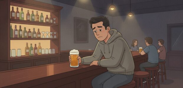 Man sitting in a bar alone holding a beer. He looks sad.